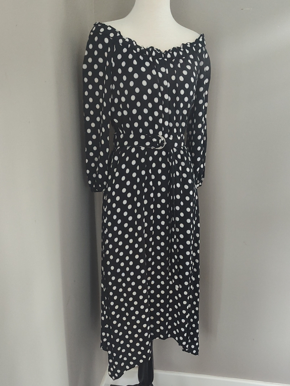 Anthropologie Black and White Polka Dot Off-Shoulder Midi Dress with Belt